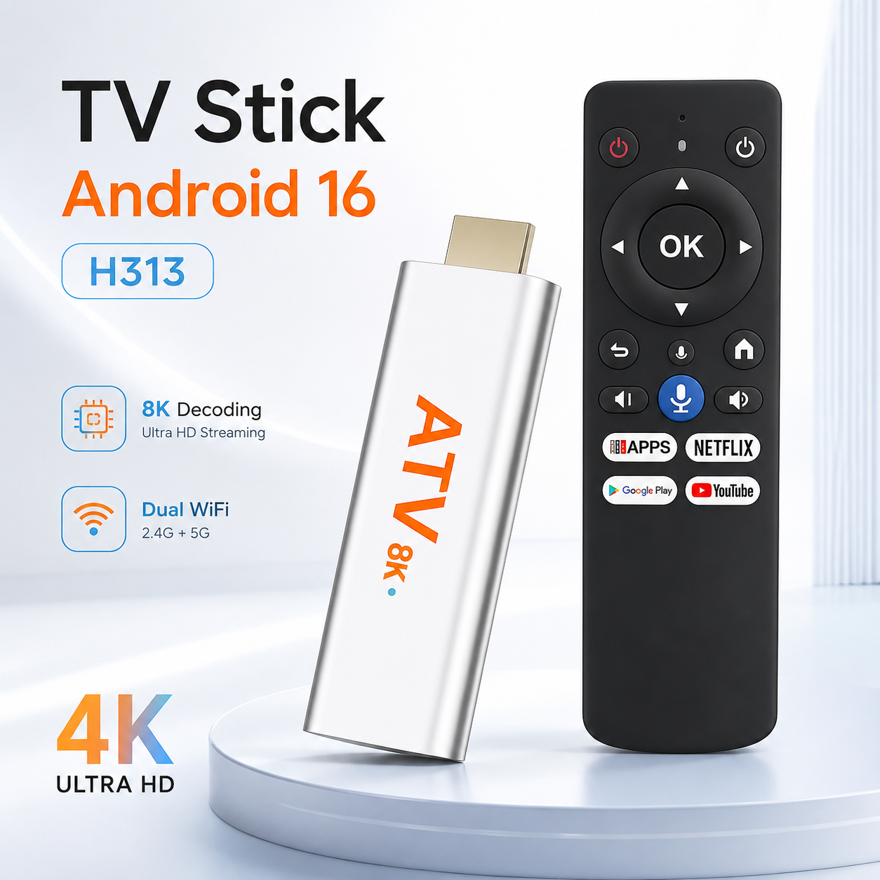 4K Media Player - Android 16 TV Stick Allwinner H313