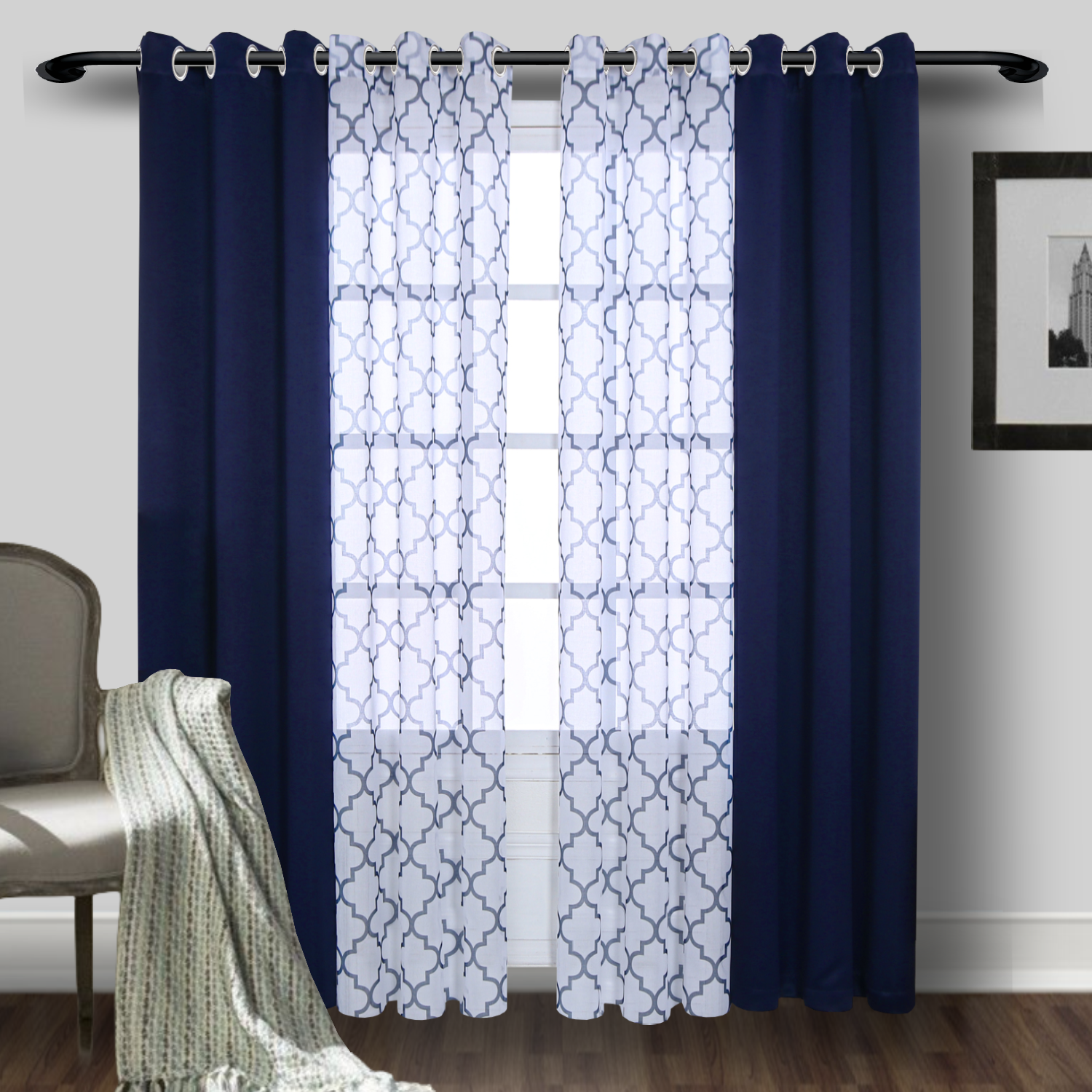 Blackout Curtain Thick - 2PCS Curtains, 1PC Moroccan Print Sheer