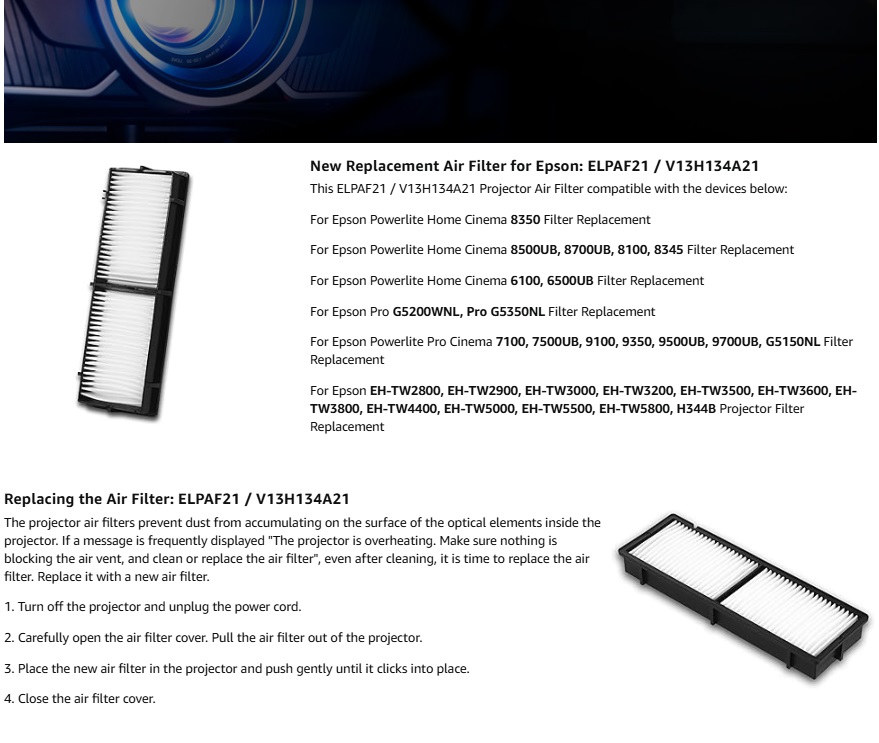 Replacement ELPAF21 Air Filter – обзор и цена Home Cinema Epson